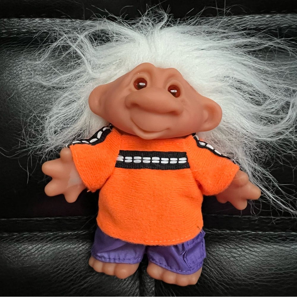 2001 Troll Company x Playmates Troll Doll White Hair Orange Shirt Purple Shorts